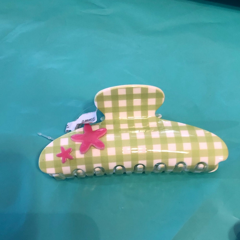 Free People Green Checkered Hair Clip with Pink Stars